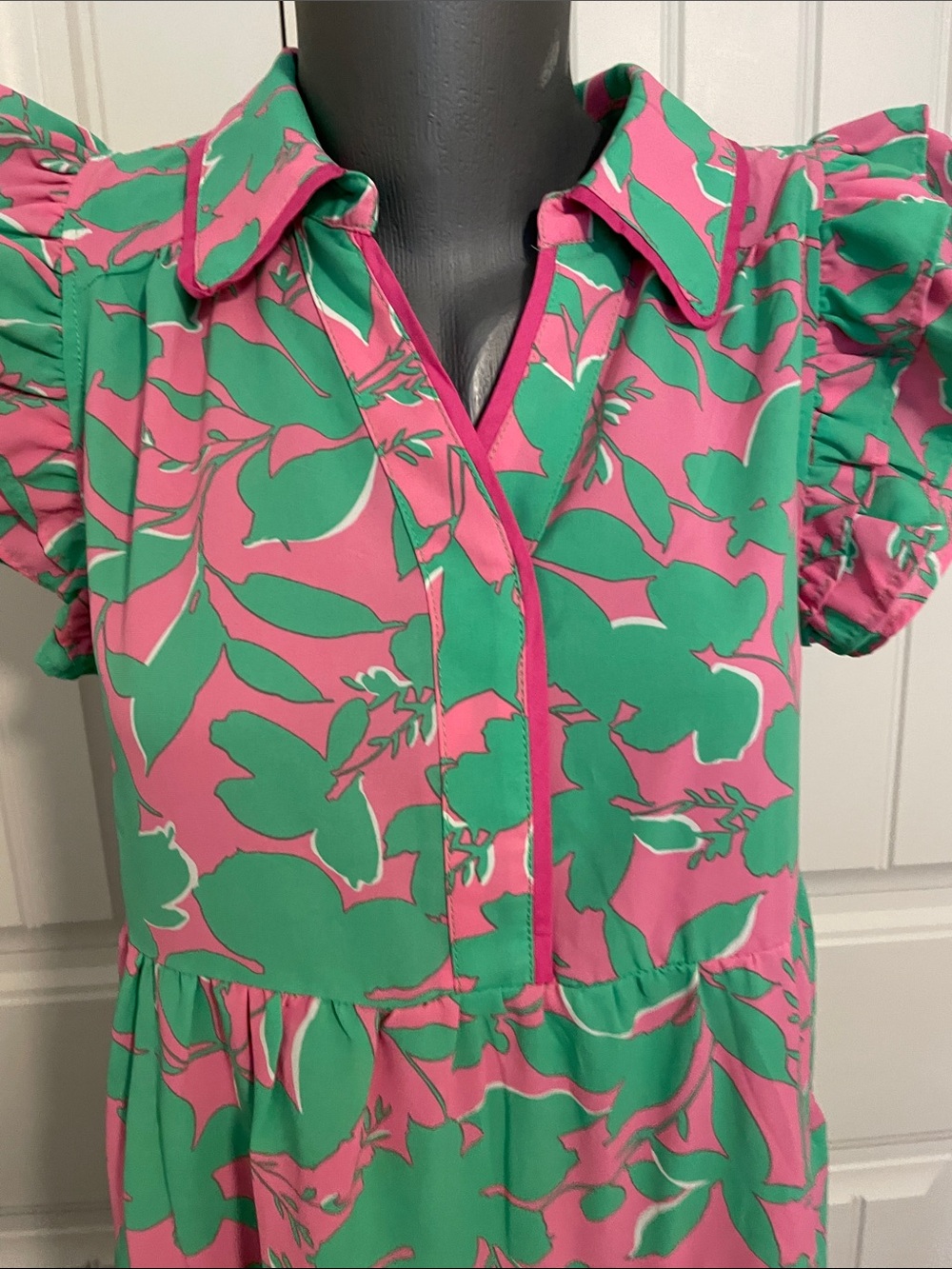 Umgee Pink & Green Floral Ruffle-Sleeve Tiered Dress - Picture 5 of 9